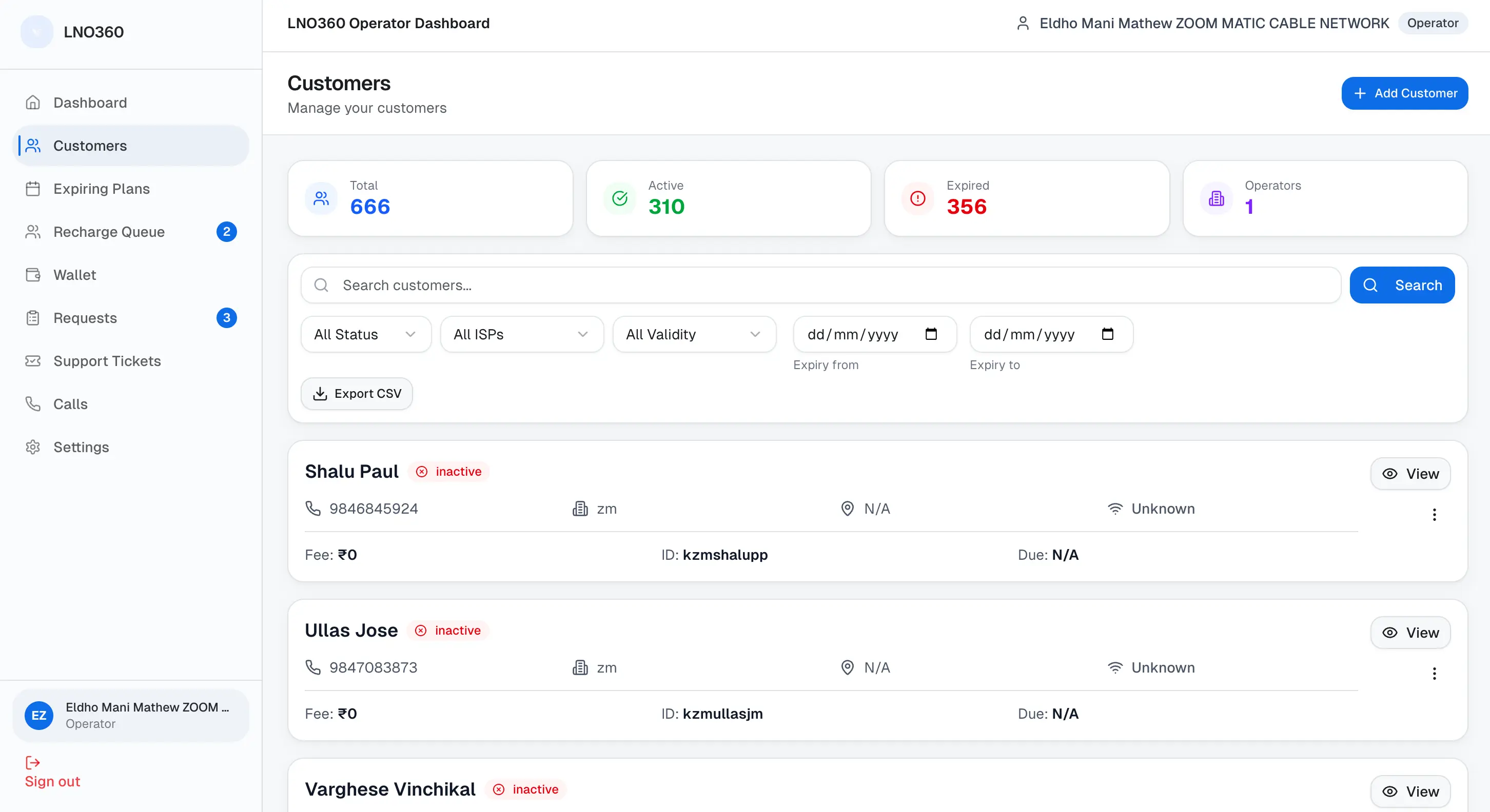 LNO360 customers dashboard